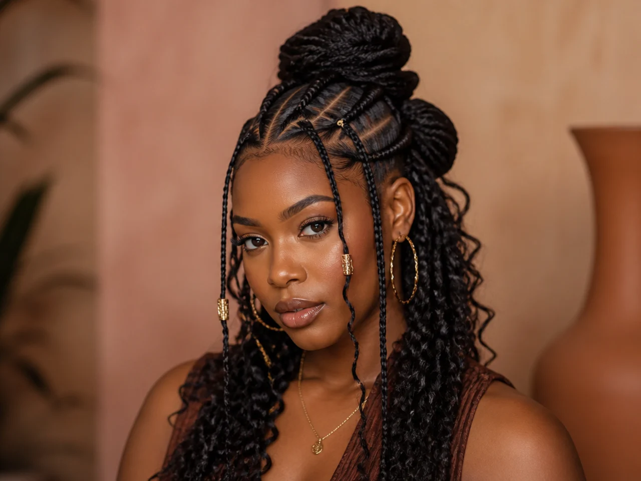 Fulani braids in a stacked double half-up