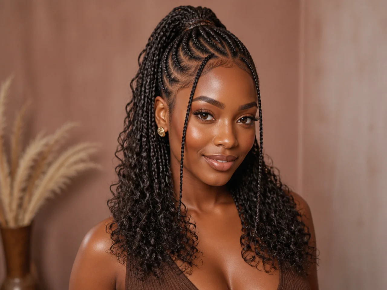 Half-up Fulani braids with curled ends falling from the gather