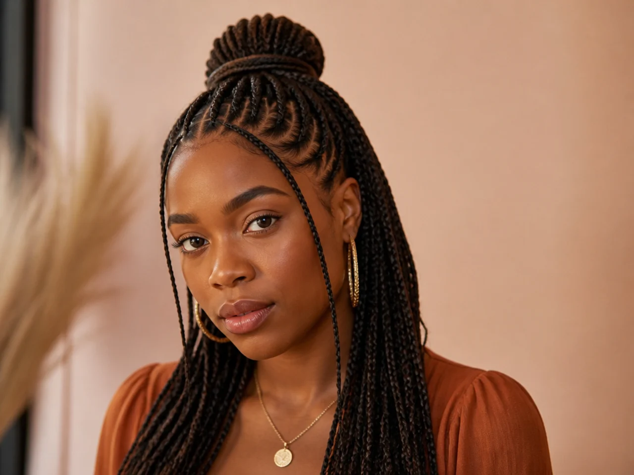 Half-up Fulani braids with a thin braid wrapped over the elastic