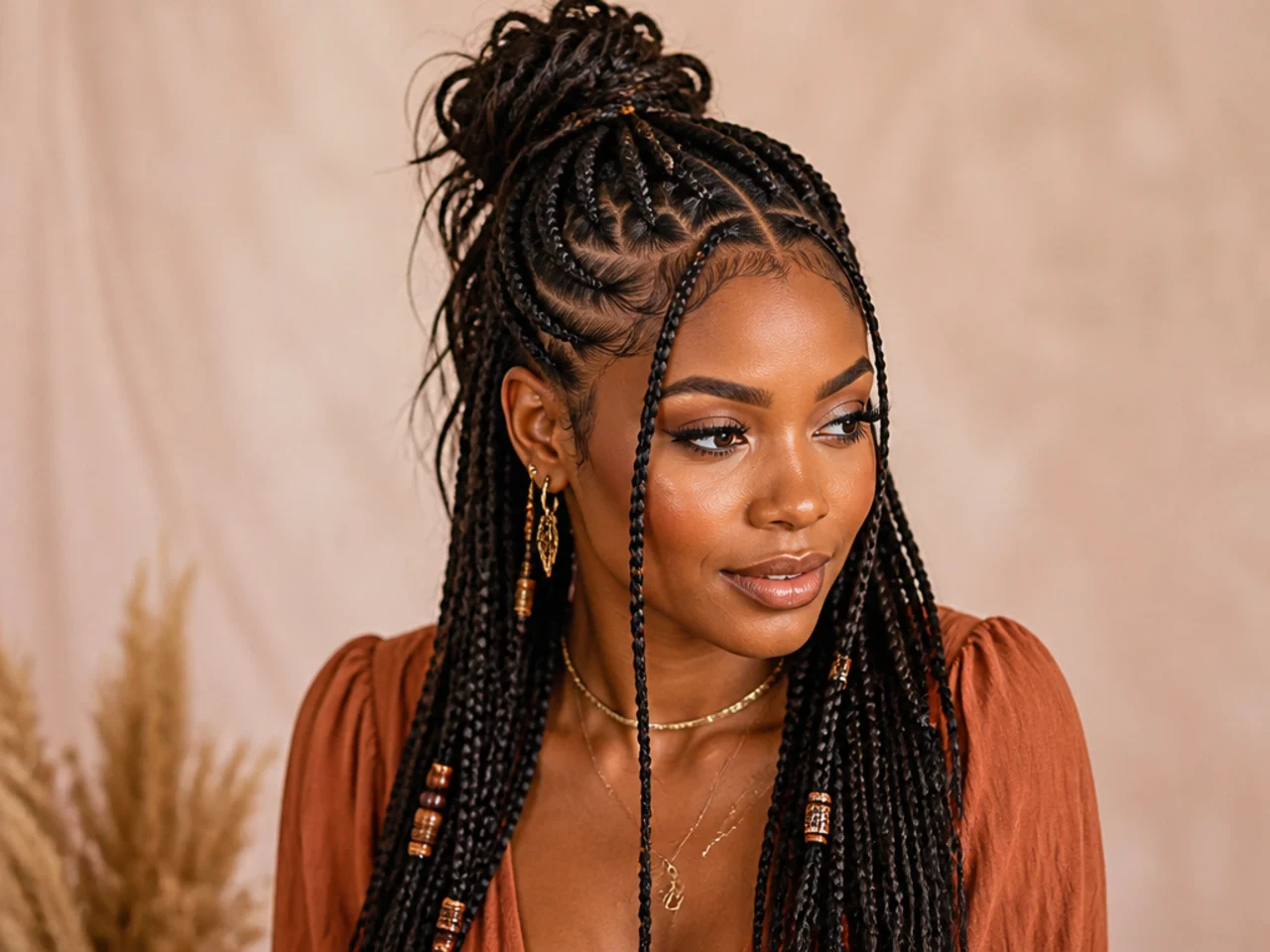 A deliberately loose messy half-up on Fulani braids