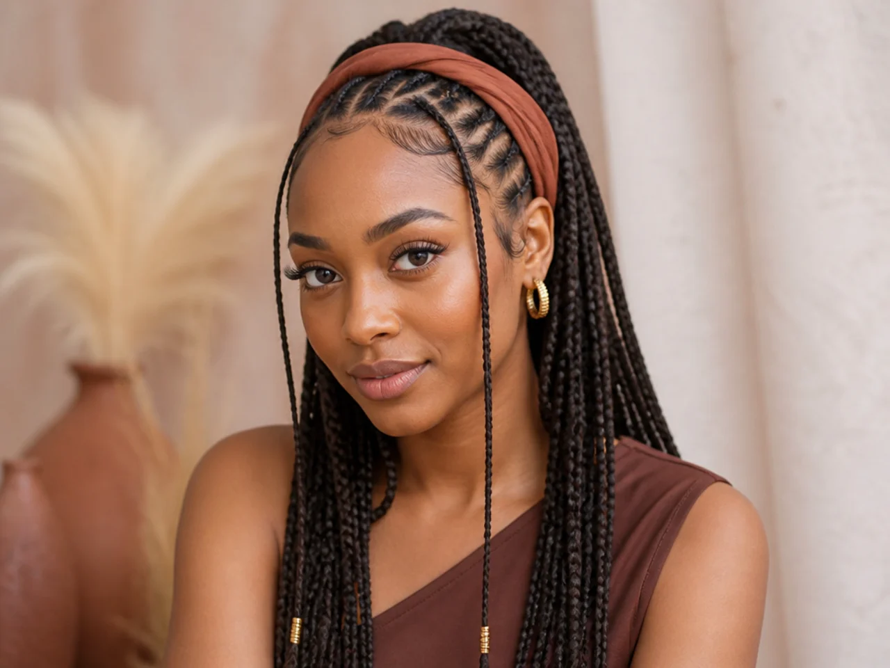 Fulani braids half up worn with a headband behind the cornrows