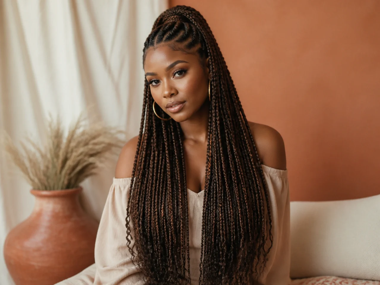 Waist-length Fulani braids gathered into a half-up