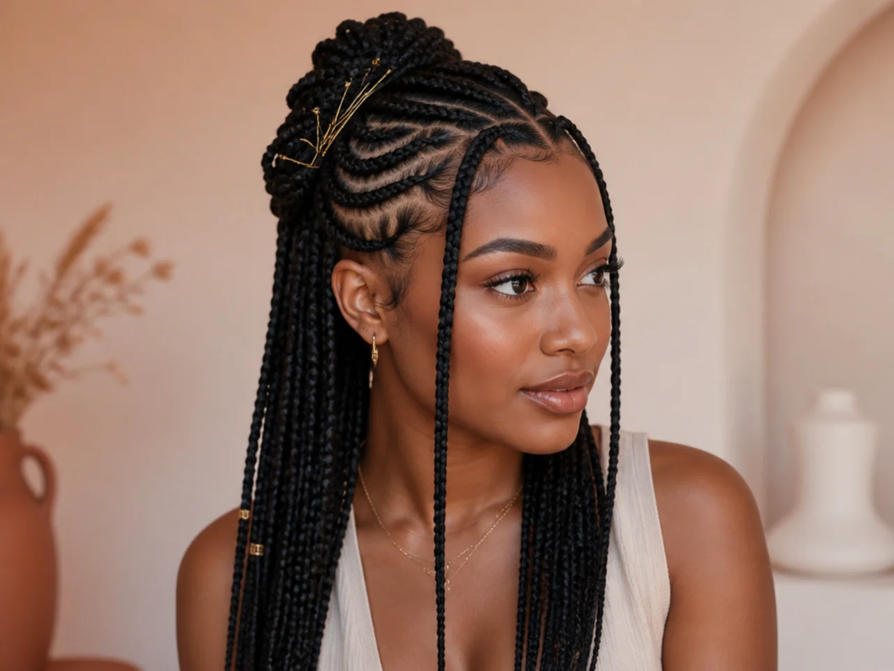 Fulani braids half up secured with hair pins rather than a clip