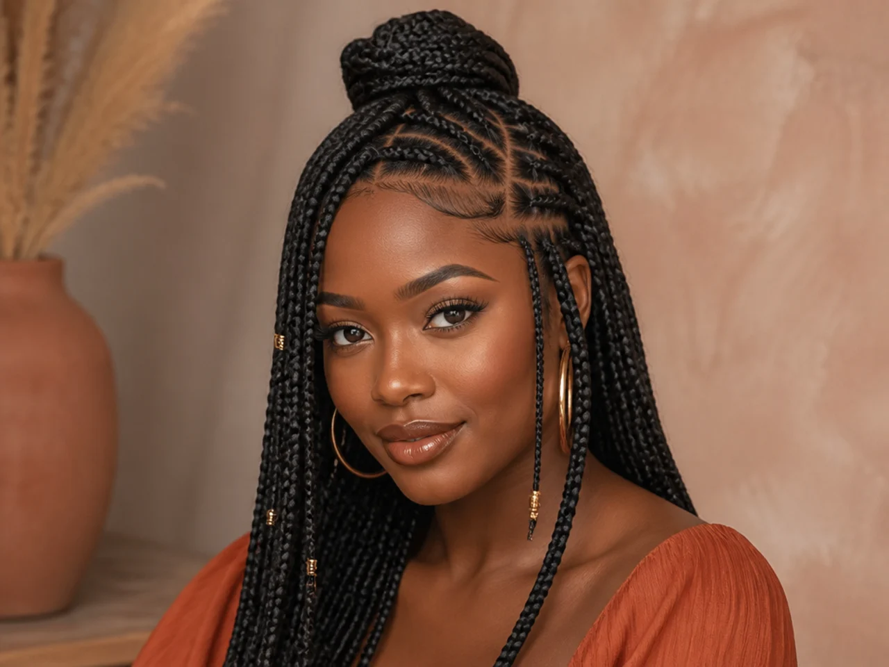 Fulani braids with a side part worn half up