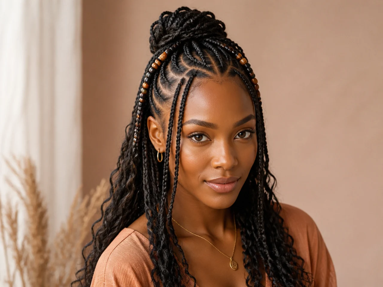 Half-up Fulani braids with beads sitting above the gather