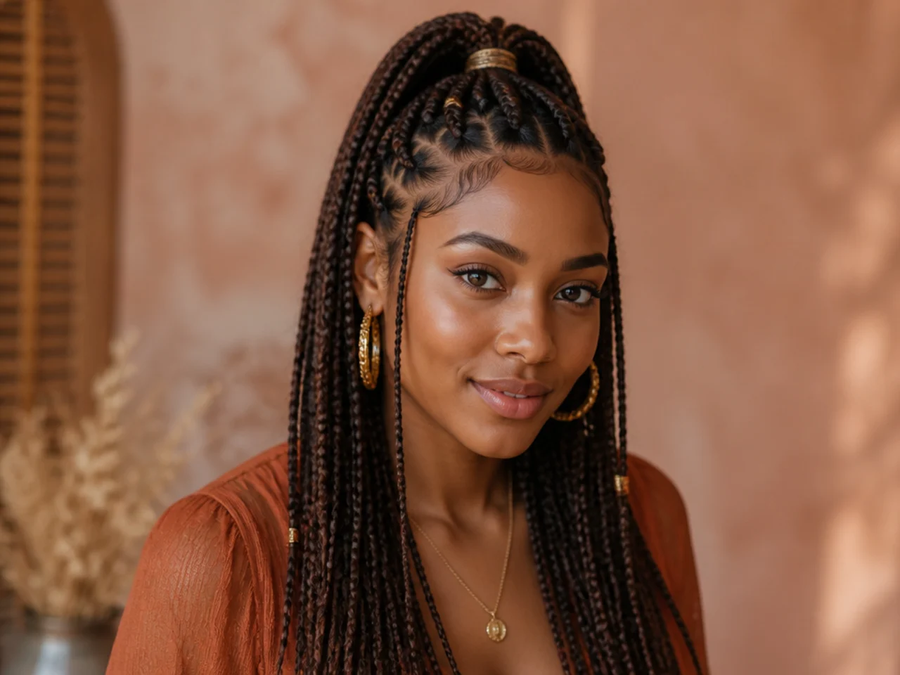 Fulani braids gathered high at the crown with an elastic