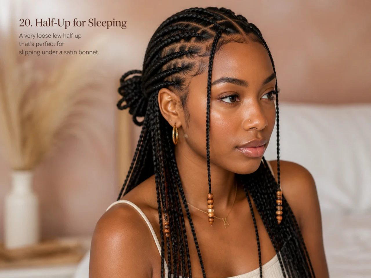 Fulani braids in a very loose low half-up ready for a satin bonnet