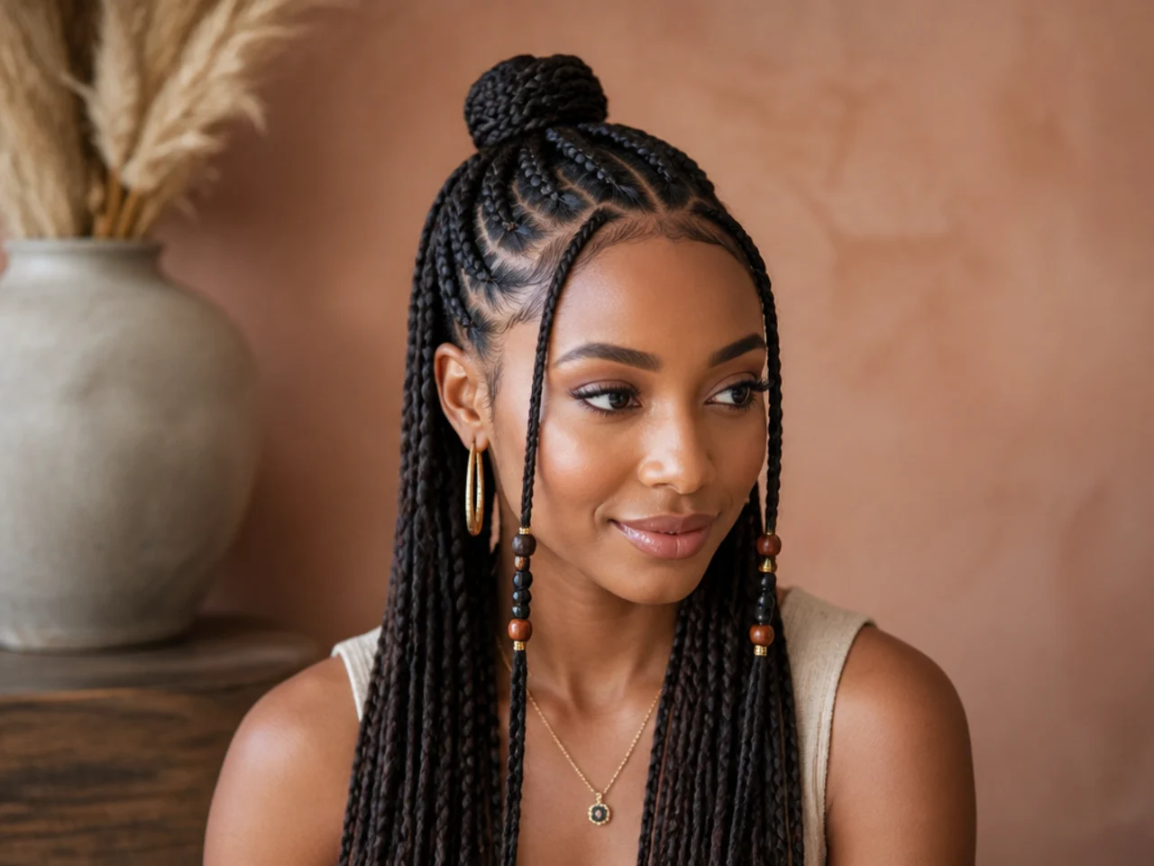 Fulani braids half up with the gathered section coiled into a small bun