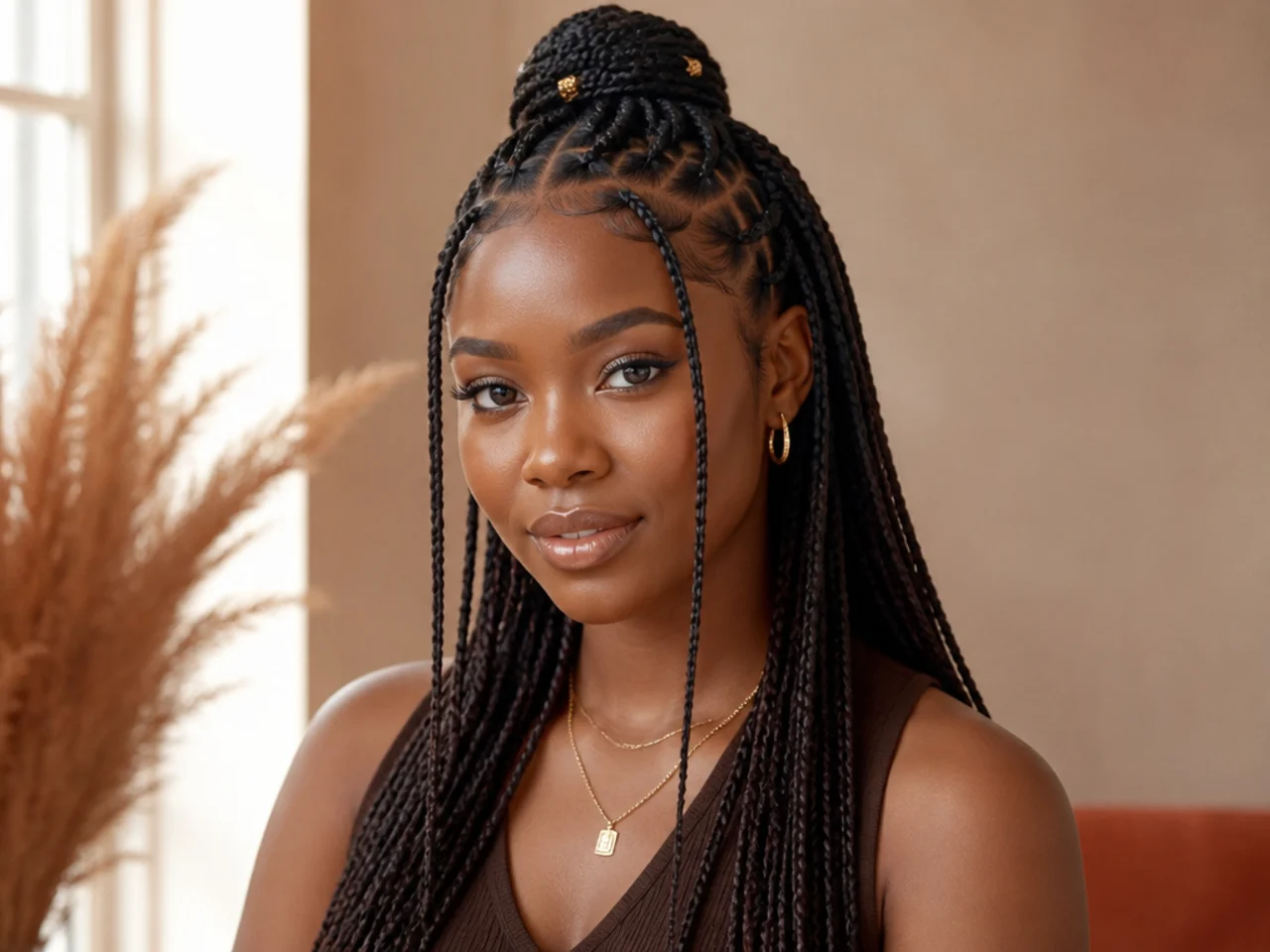 Half-up Fulani braids with two face-framing braids left loose