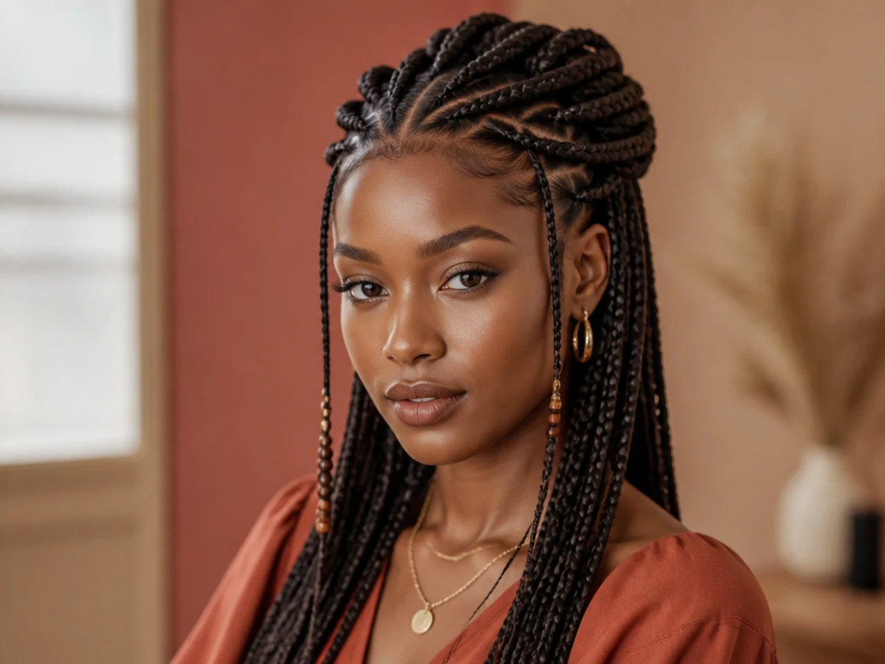 Fulani braids half up with the sections twisted before securing