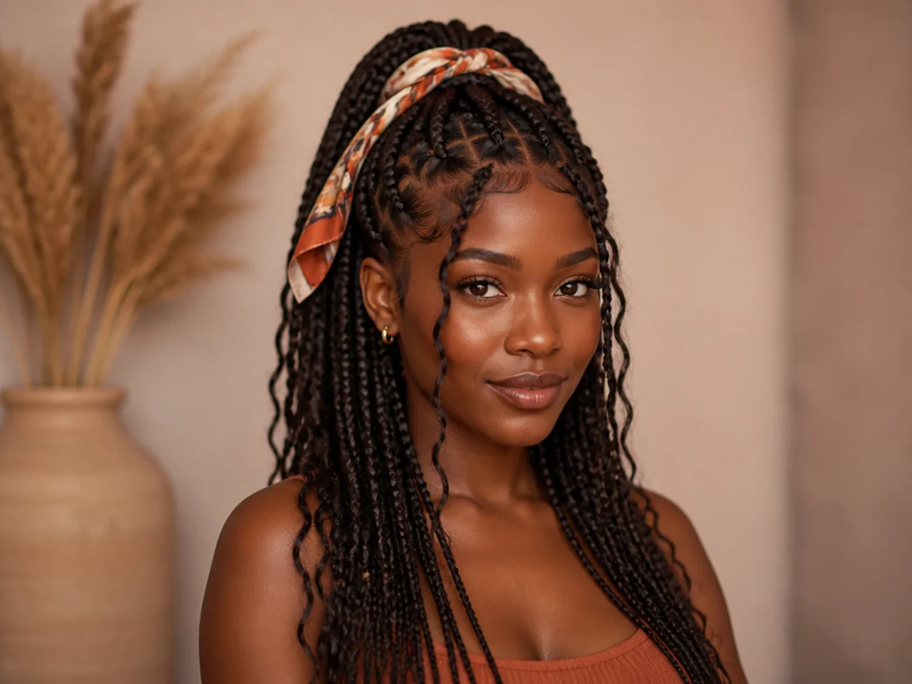 Fulani braids half up tied with a silk scarf