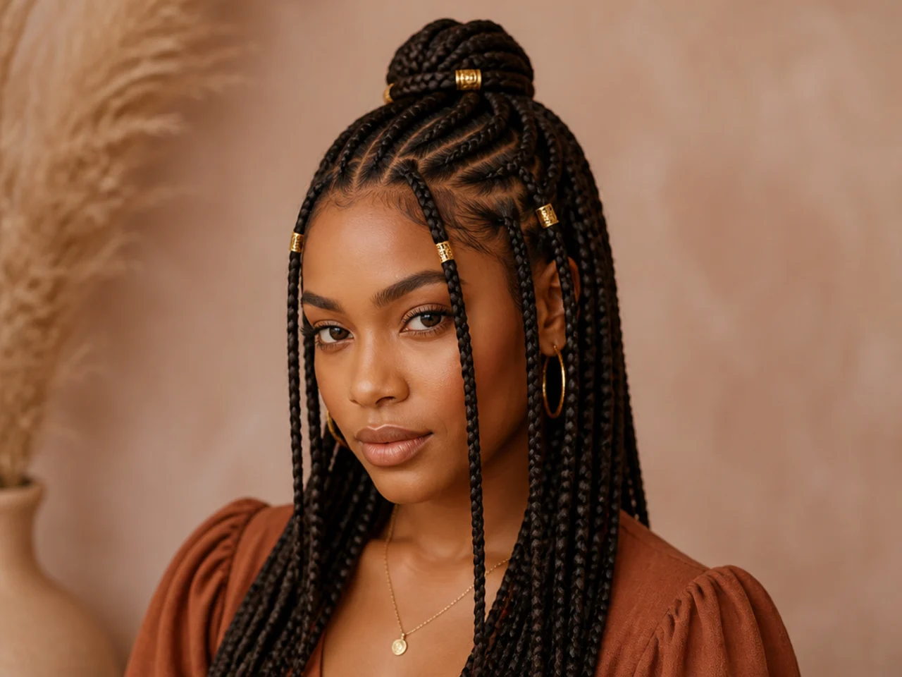 Half-up Fulani braids positioned so gold cuffs remain visible