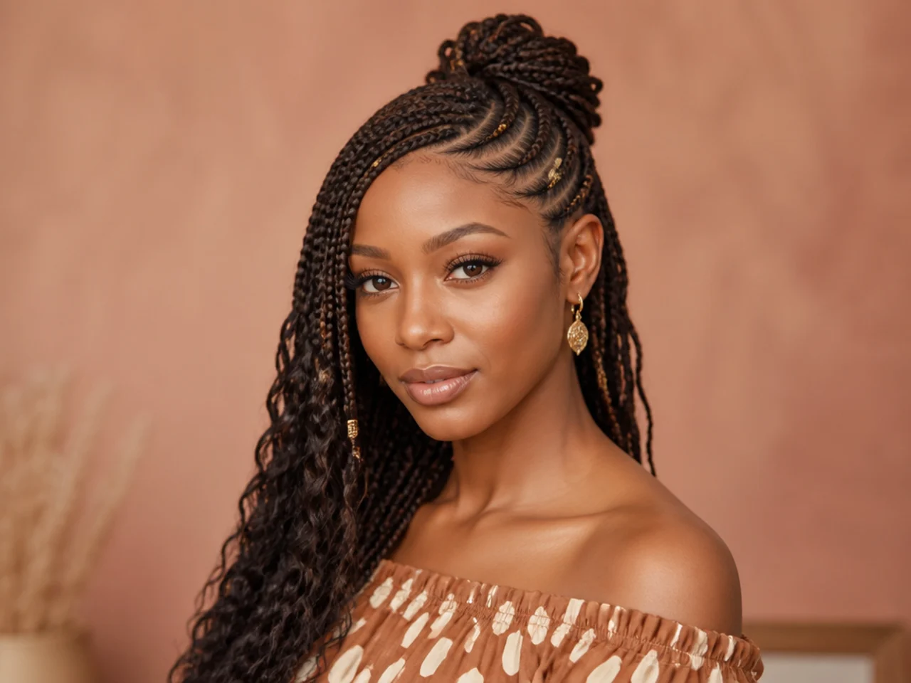 Fulani braids gathered into an off-centre half-up