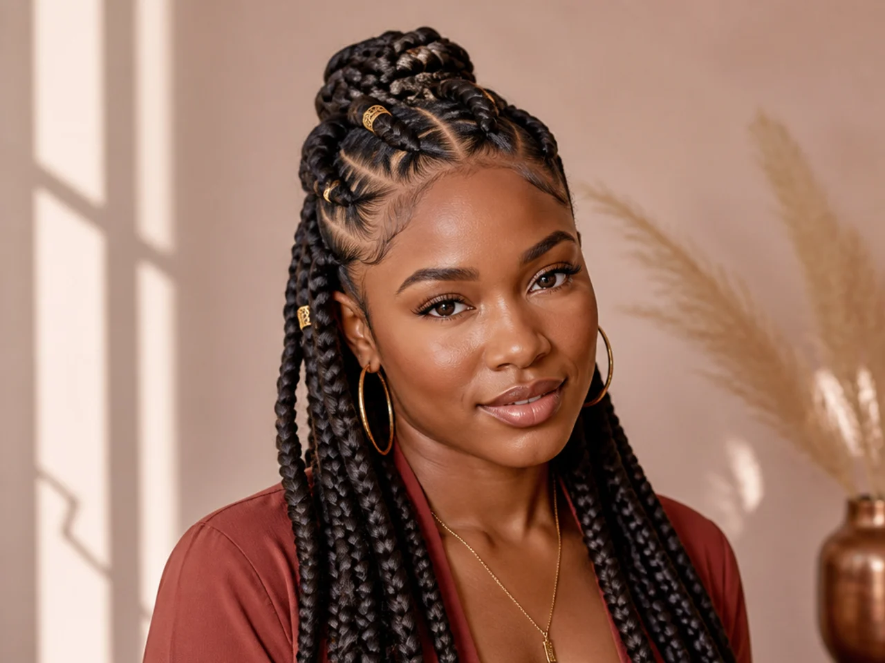 Jumbo Fulani braids gathered into a half-up