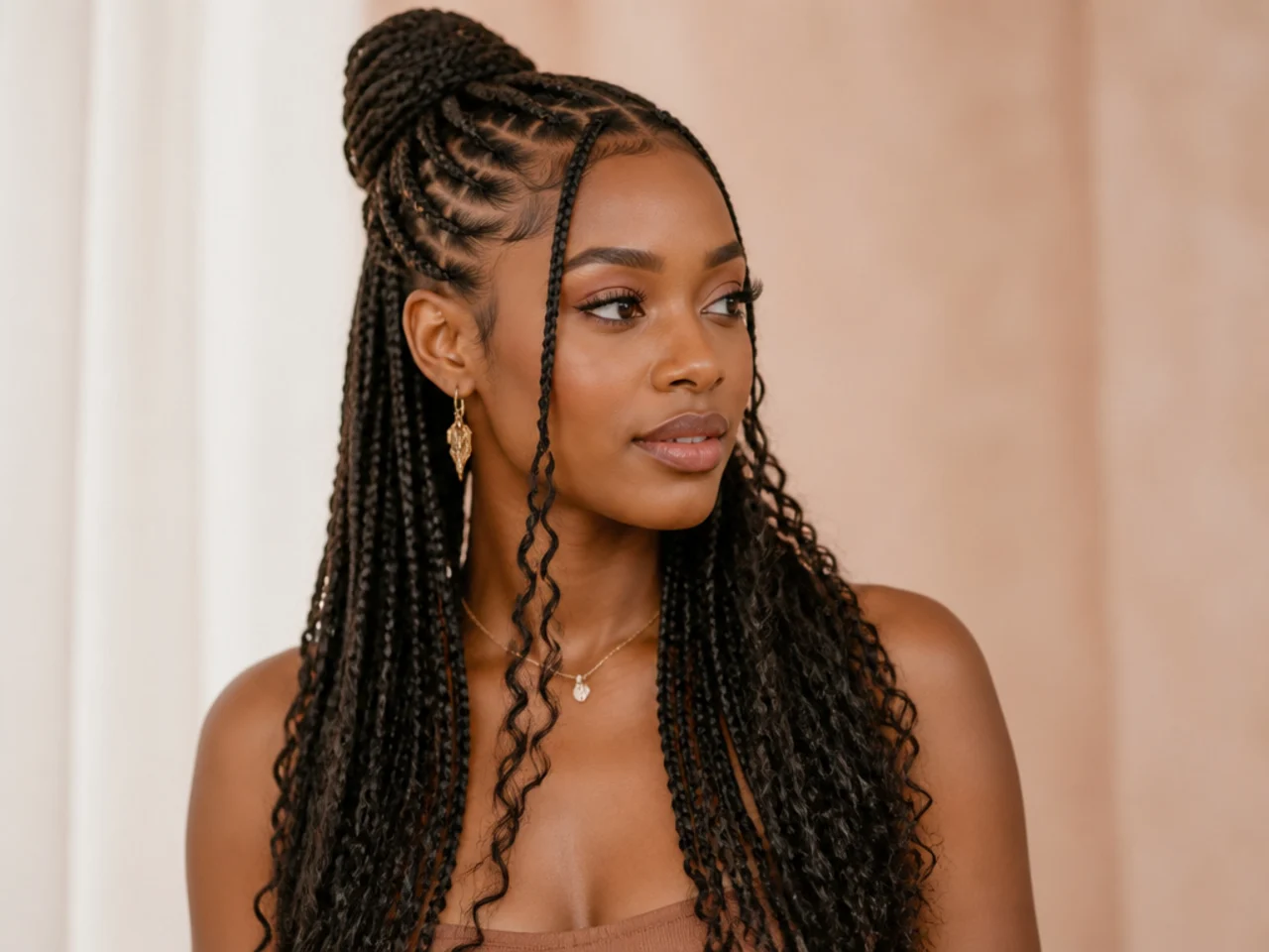 Finished half-up Fulani braids from three-quarter view
