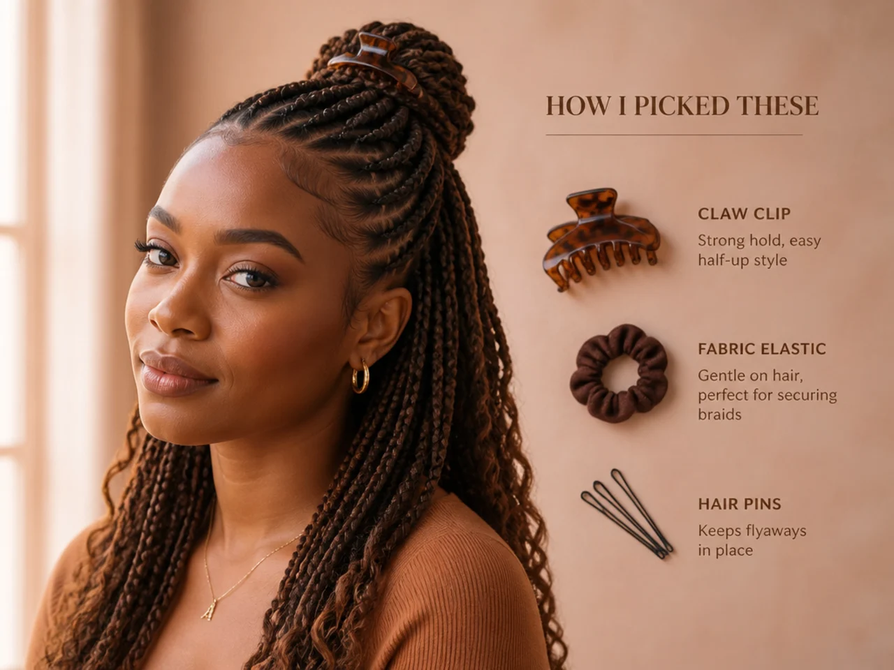 A claw clip, fabric elastic and hair pins laid out for half-up styling