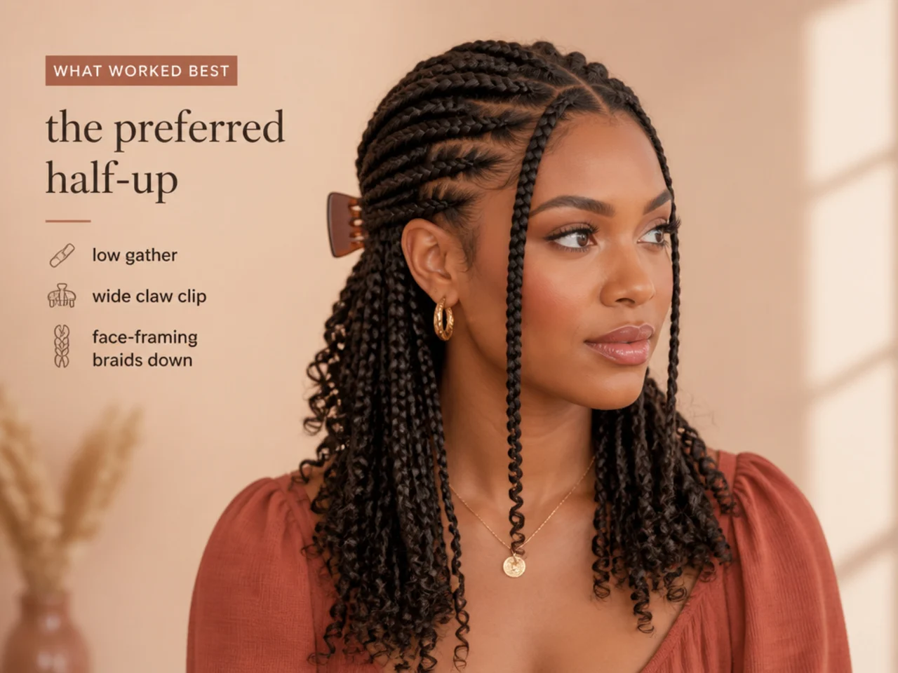 The preferred half-up — low gather, wide claw clip, face-framing braids down