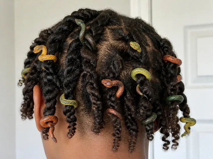 Medusa snake curls Halloween hairstyle with small rubber snakes in curls