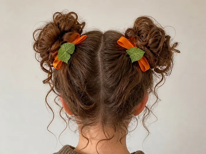 Pumpkin space buns Halloween hairstyle with two curly buns and orange accessories