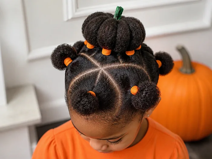 Puff ball pumpkins Halloween hairstyle for kids with coily hair