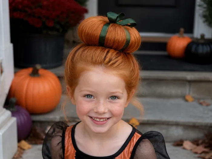 Pumpkin bun Halloween hairstyle for kids with orange spray