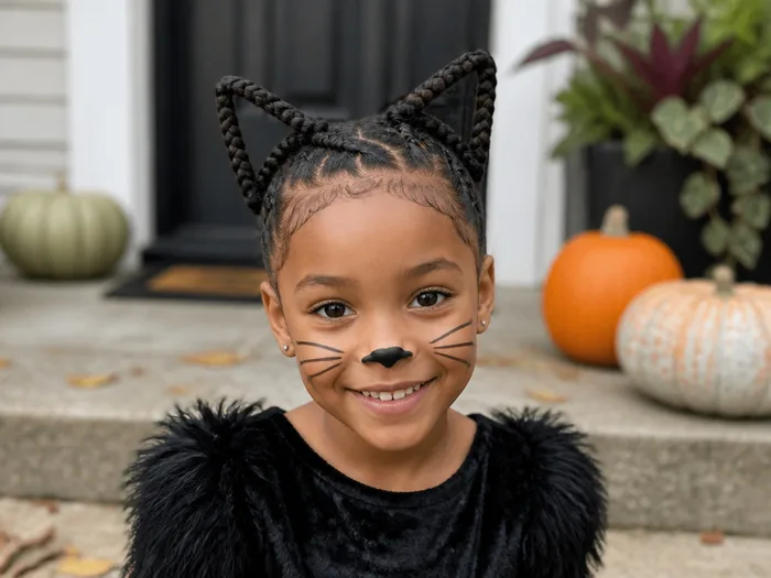Braided cat ears Halloween hairstyle for kids with pipe cleaners