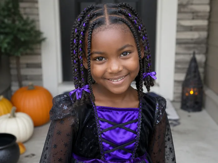 Witch braids Halloween hairstyle for kids with colored ribbon