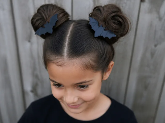 Bat space buns Halloween hairstyle for kids with bat clips