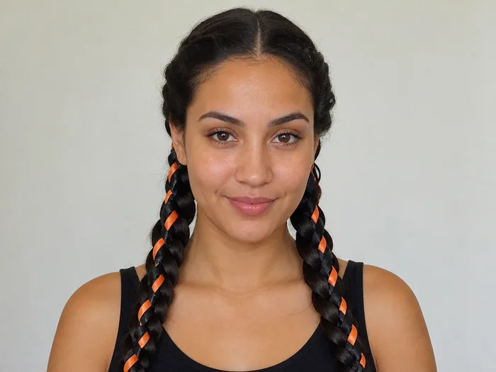 Two long Dutch braids with black and orange ribbon woven through, festive Halloween hair