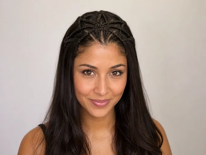 Intricate spiderweb braid pattern across the crown of long dark hair, statement Halloween hairstyle
