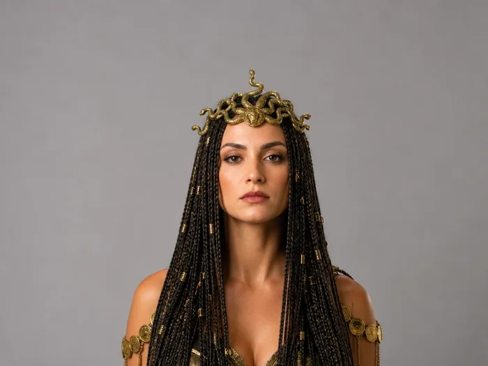 Long hair styled as multiple thin Medusa snake braids with gold cuffs, dramatic Halloween costume hair