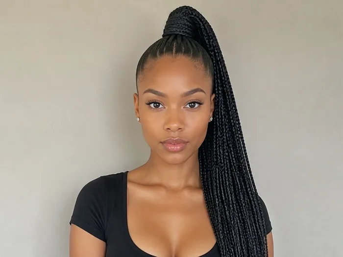 Super high braided ponytail on long dark hair, sleek Halloween cat or vampire style