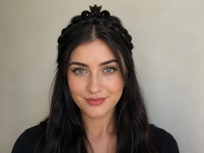 Half-up braided halo with a Halloween claw clip, long hair flowing down, easy witchy style