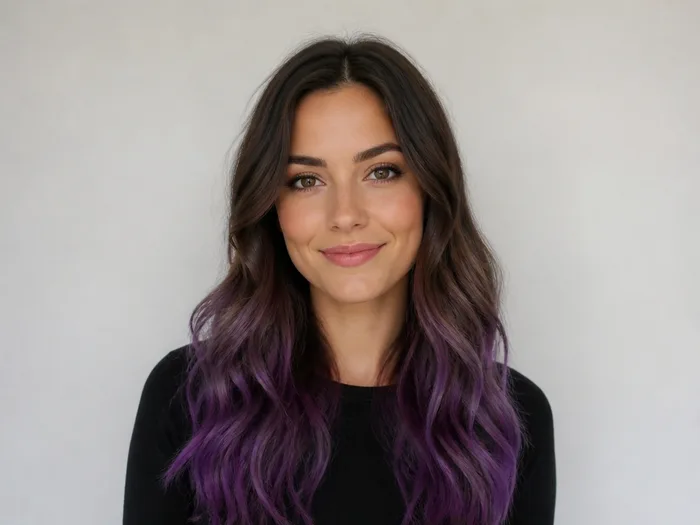 Long mermaid waves with temporary purple color spray on the ends, siren Halloween hairstyle