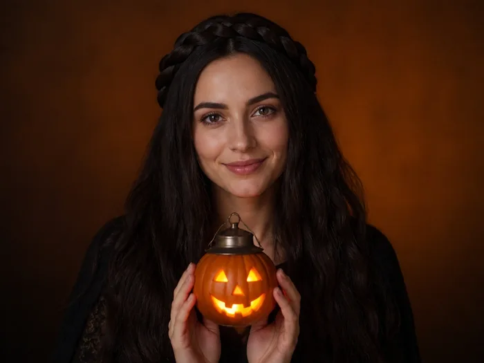 Woman with very long dark hair in a crown braid holding a small glowing pumpkin