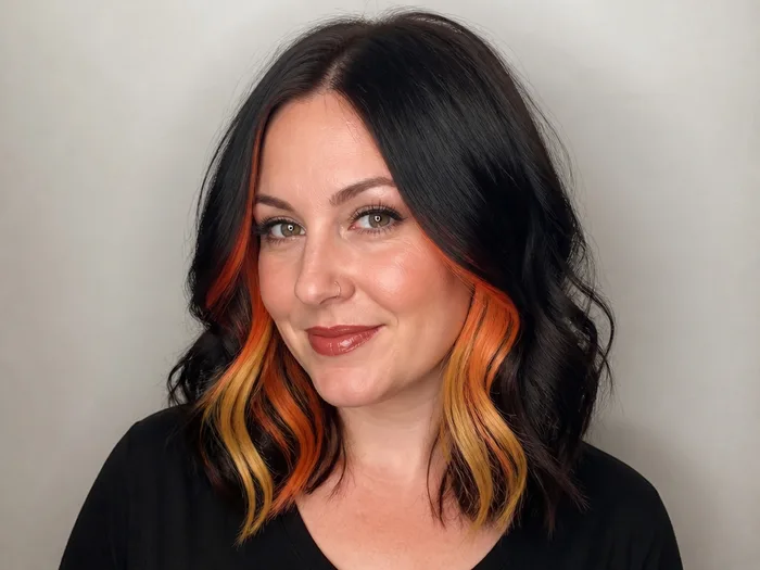 Woman with candy corn peekaboo streaks, orange and yellow temporary color under dark hair
