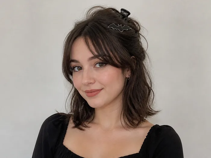 Woman with a half-up claw clip twist and small bat clip, medium length hair