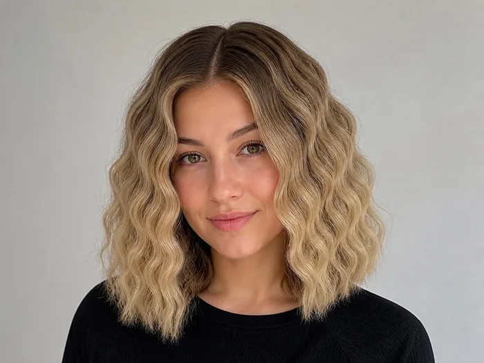 Woman with crimped ghost waves, textured mid-length waves with smooth roots