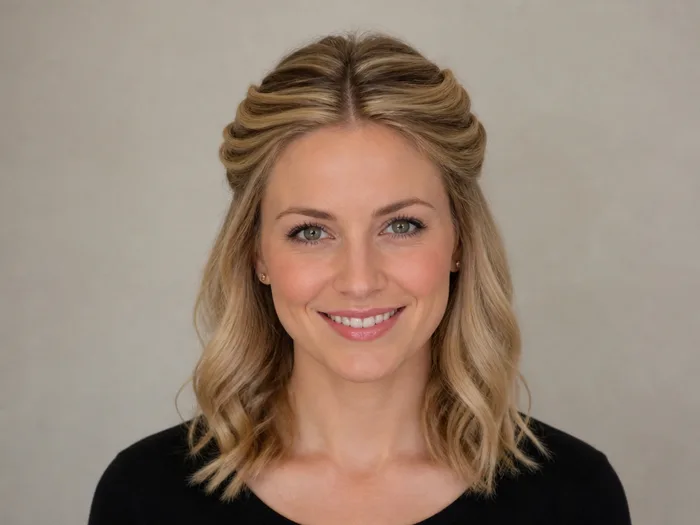 Woman with a tucked crown twist, front sections twisted back and tucked under