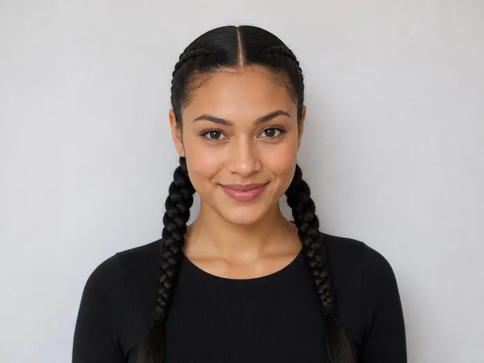 Woman with sleek braided pigtails, two low tight braids with a center part