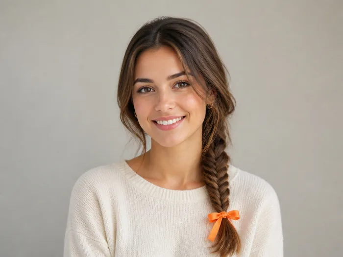 Woman with a fishtail braid with orange ribbon, medium length hair