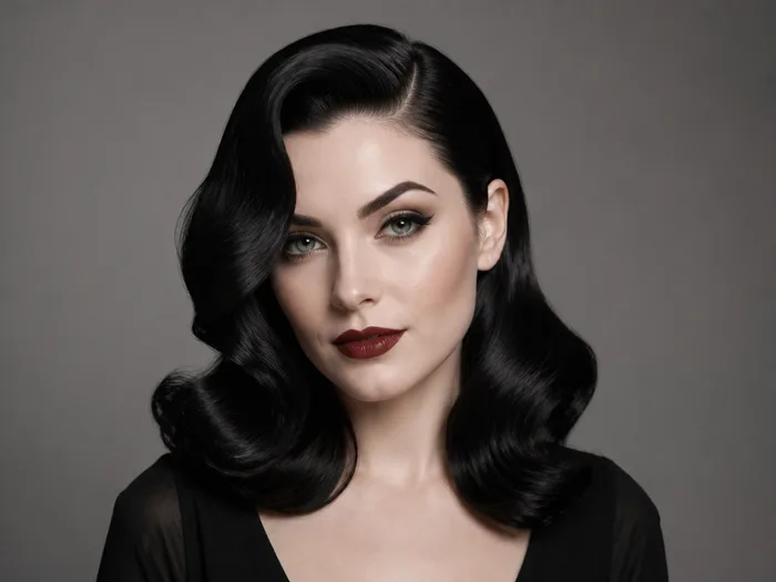 Woman with a vampire slick side wave, deep glossy side-parted waves
