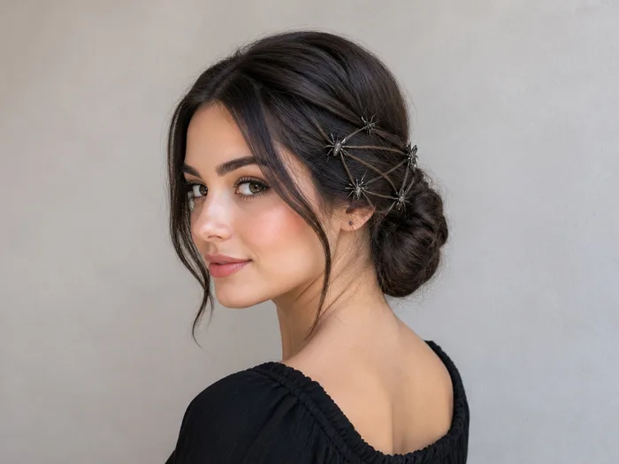 Woman with a spiderweb low bun, low bun with crossed strands and spider clips