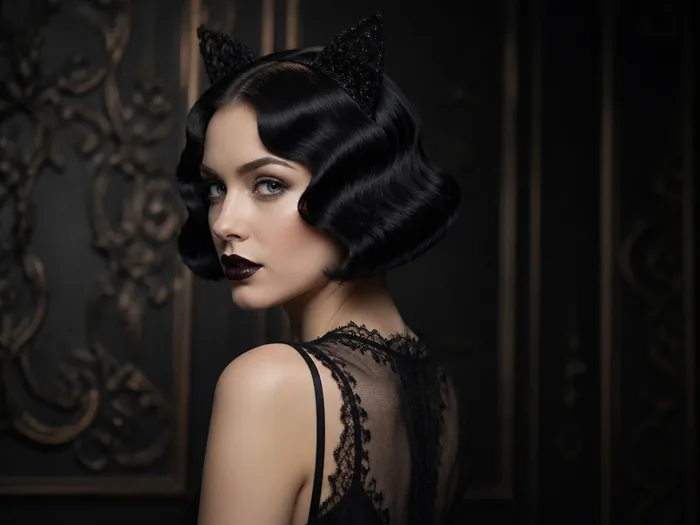 Gothic finger-wave bob with a cat ear headband