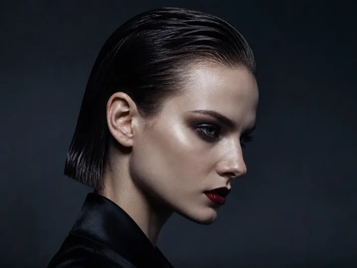 Severe gel slick-back bob with vampire finish