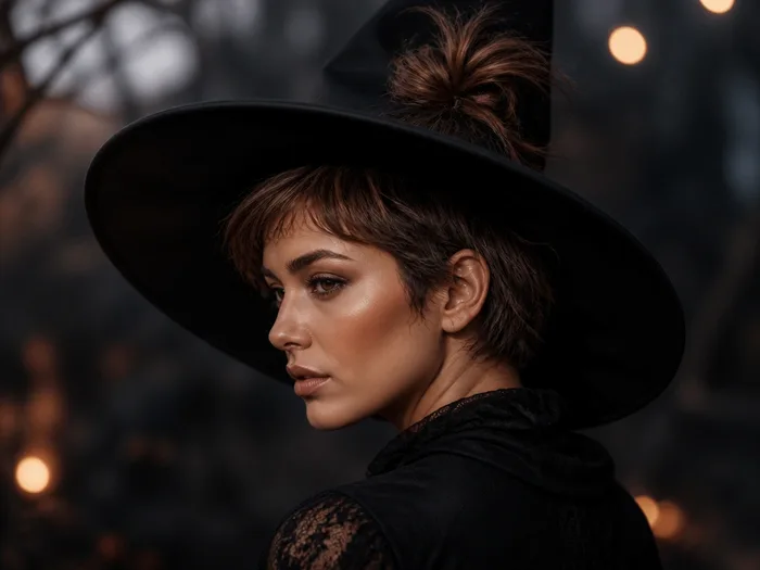 Small high witch top knot with a wide-brim hat