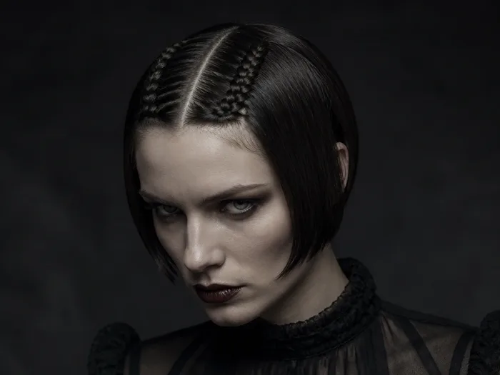 Severe mini braids with a middle part, Wednesday style