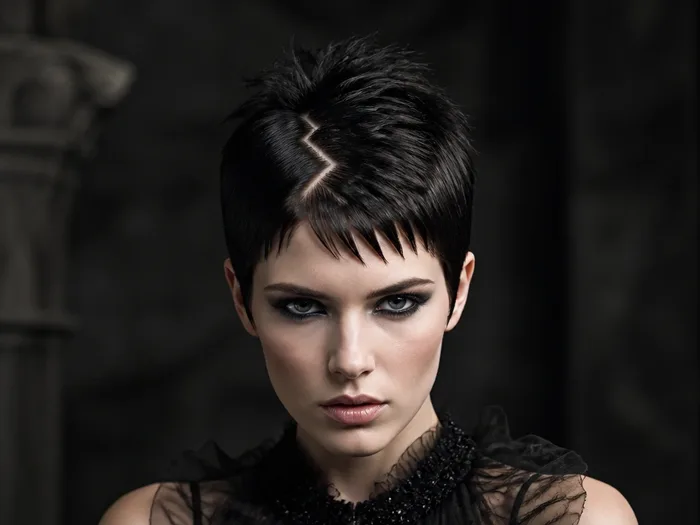 Pixie with a deep zig-zag part and teased crown