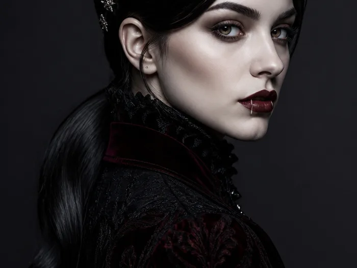 Sleek low ponytail with small jeweled hair clips, dark glossy vampire Halloween hair