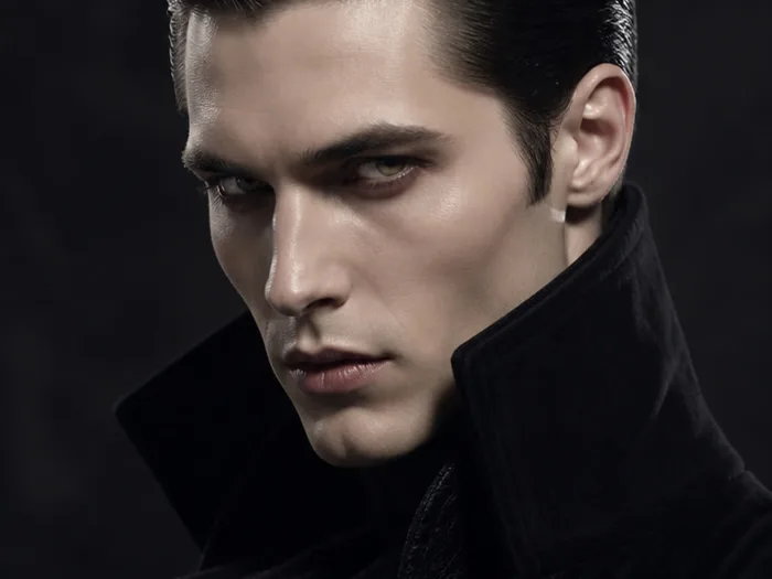 Dark hair slicked back with a deep side part and wet-look shine for a vampire Halloween look
